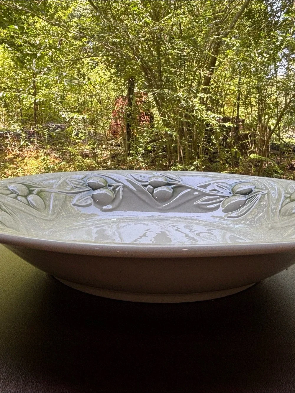 Embossed Olive Motif Ceramic Serving Bowl - Pale Green 10in
